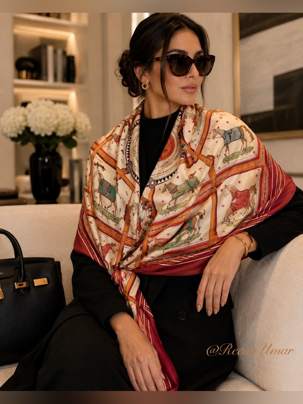 Silk Rectangular Scarf – Equestrian Print – Burgundy/Cream – 100% Silk – New